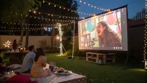 Une fête d’anniversaire en extérieur avec un écran géant diffusant une vidéo surprise, guirlandes lumineuses et invités joyeux.